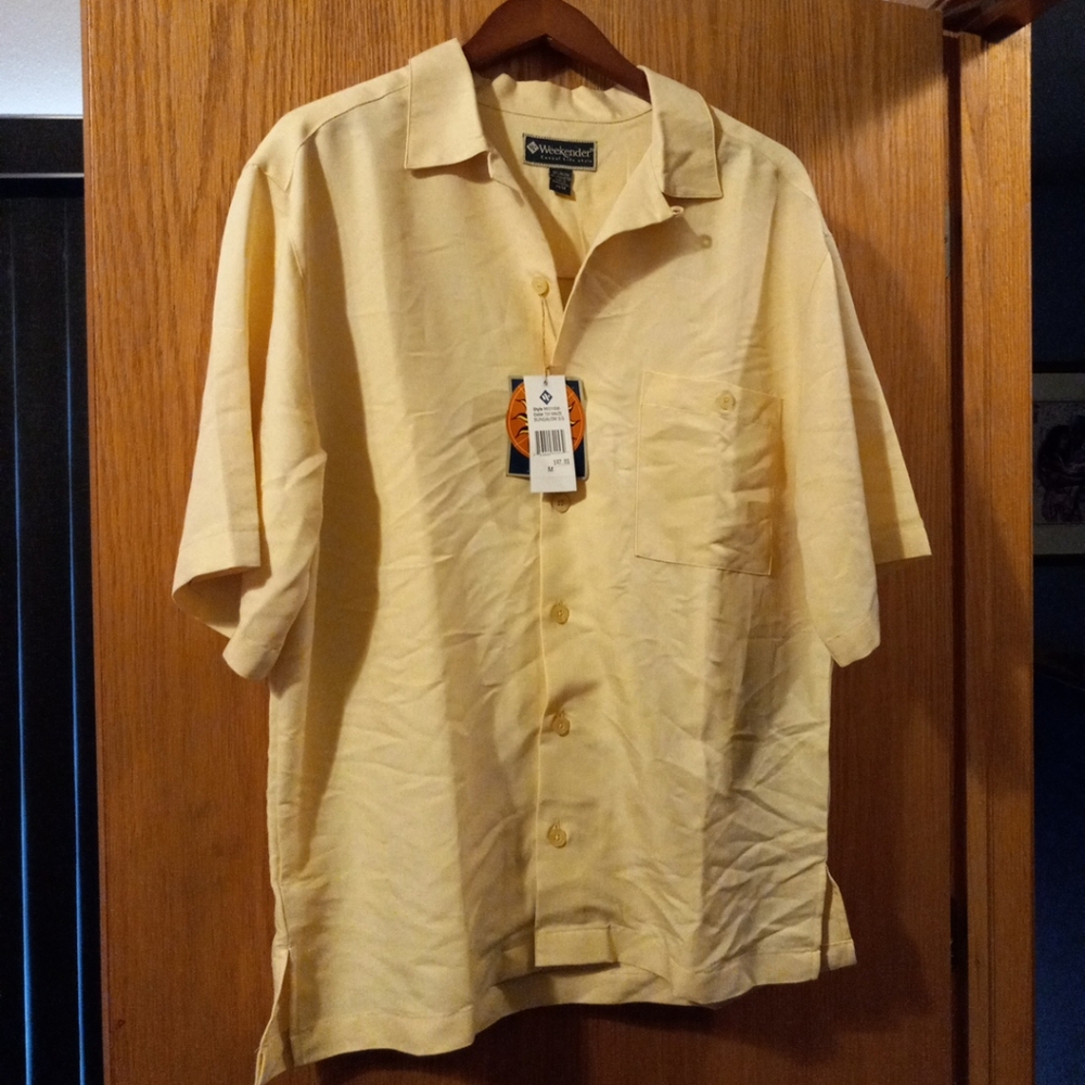 Mens Weekender Shirt Short Sleeve Casual Light Yellow Sz Med Rayon/poly Blend